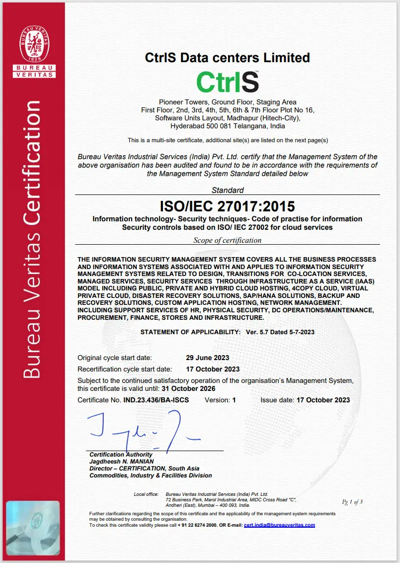 ISO 27017 CTRLS DATACENTERS LTD