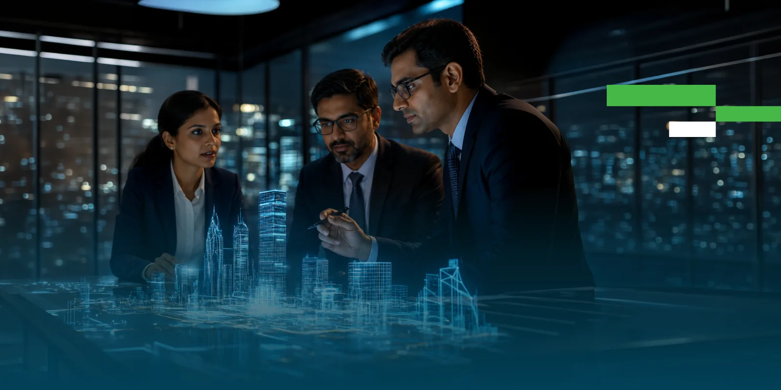 Business leaders reviewing a digital city model, representing resilient digital infrastructure planning