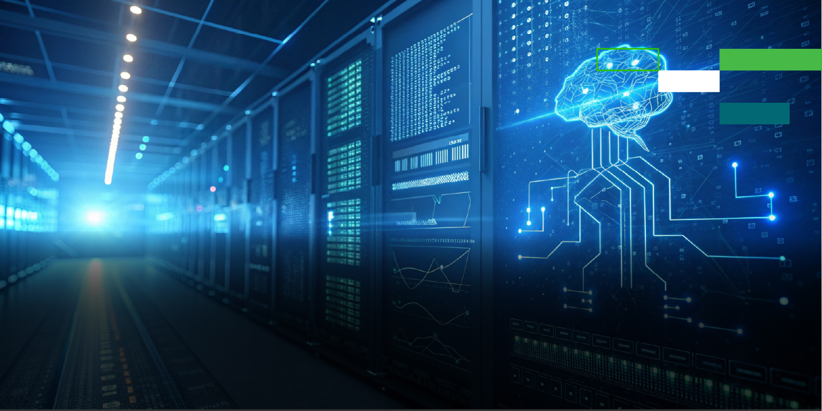 Digital brain and circuit graphic overlaid on a CtrlS datacenter server aisle, representing AI inference infrastructure