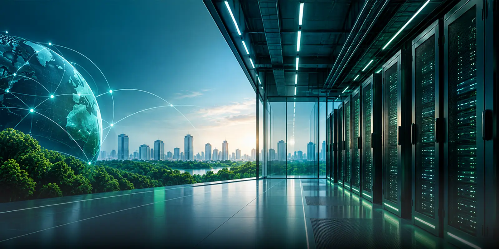 Glass-walled datacenter server aisle overlooking a green city skyline with a digital globe network overlay, representing sustainable, connected datacenter infrastructure