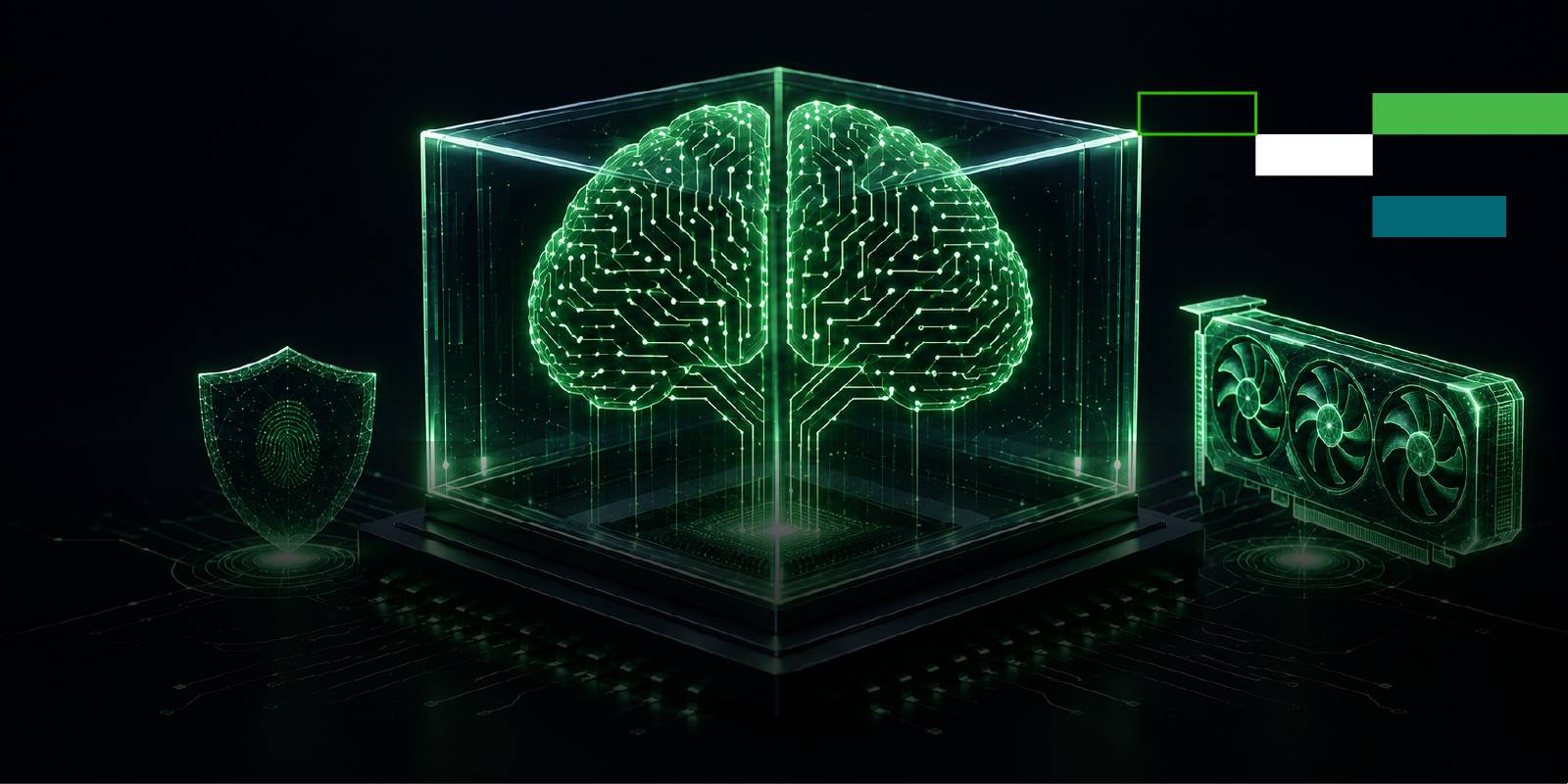 Digital brain encased in glass alongside a security shield and GPU card, representing secure sovereign AI infrastructure