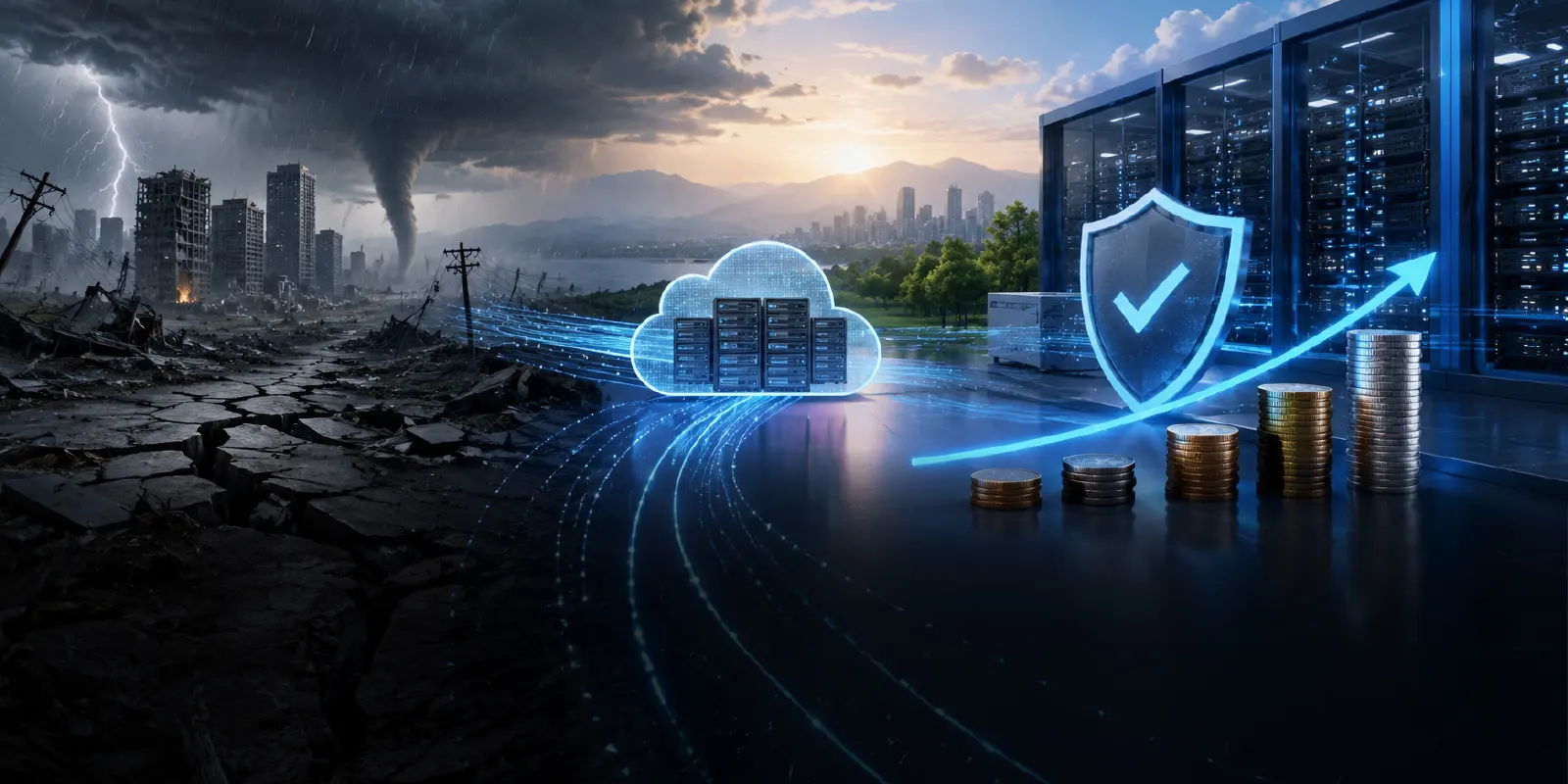 Storm-damaged cityscape transitioning into a secure, resilient datacenter with a shield and rising cost-avoidance graph, representing disaster recovery value
