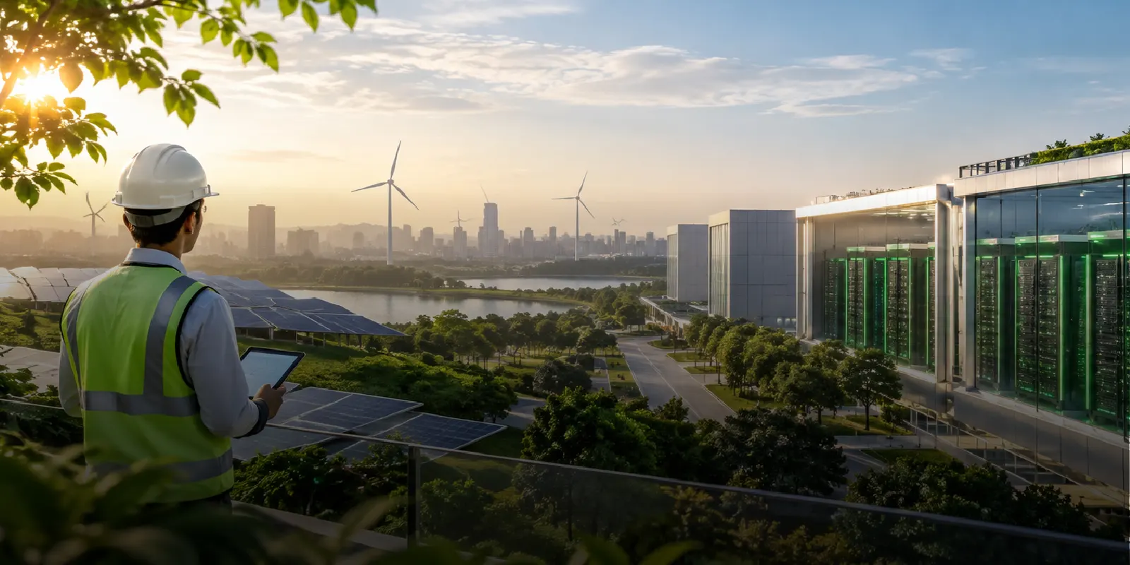 Engineer reviewing a tablet overlooking a green datacenter campus with wind turbines and solar panels, representing sustainable infrastructure for Hyderabad's GCCs