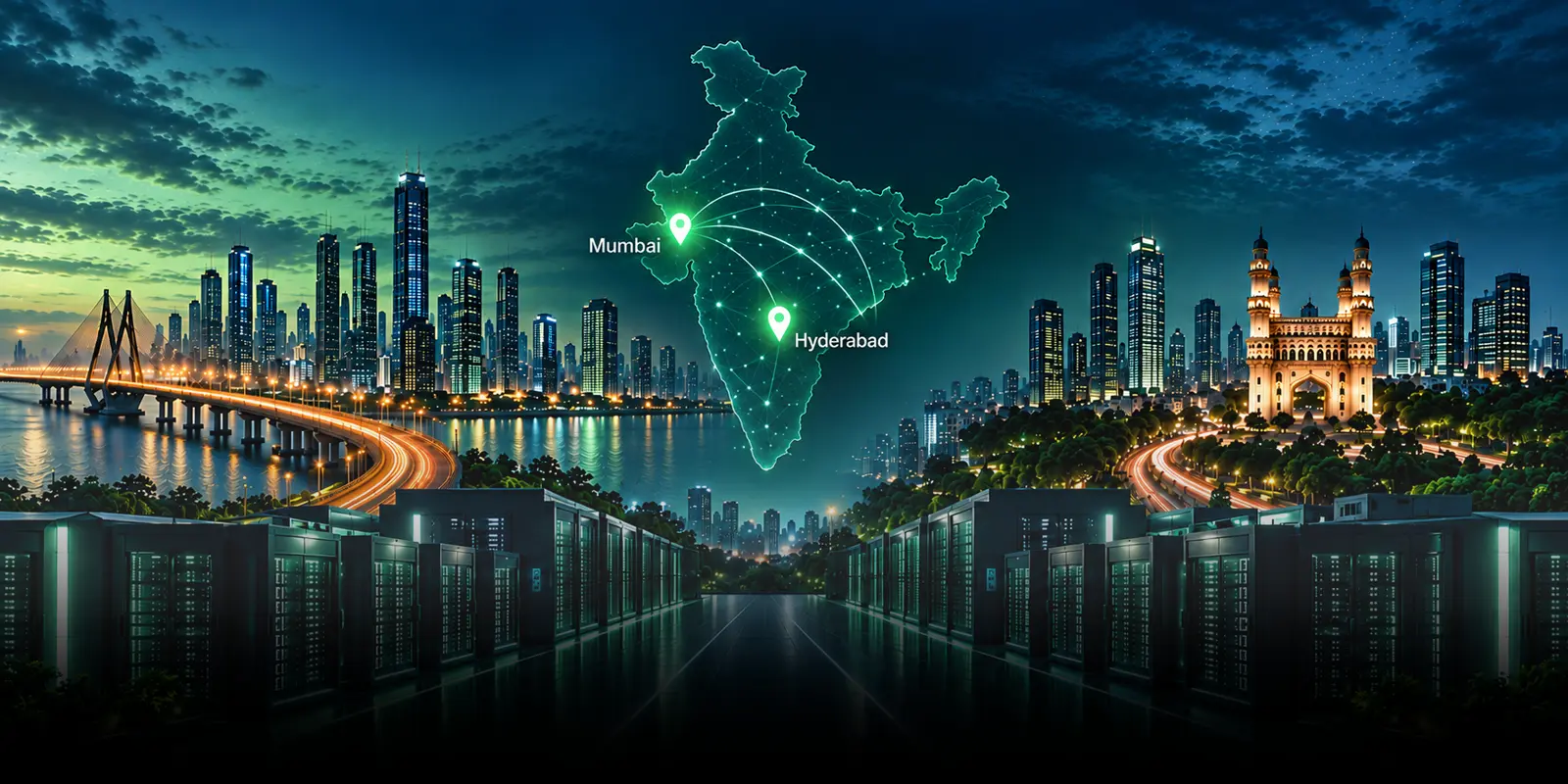 Night skylines of Mumbai and Hyderabad flanking a glowing map of India, with datacenter halls in the foreground representing India's datacenter race