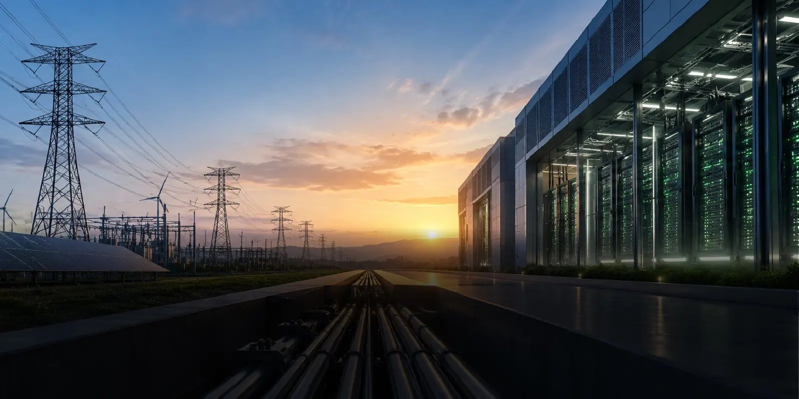 Transmission towers and solar panels leading toward a datacenter at sunset, representing the power infrastructure behind AI-ready facilities