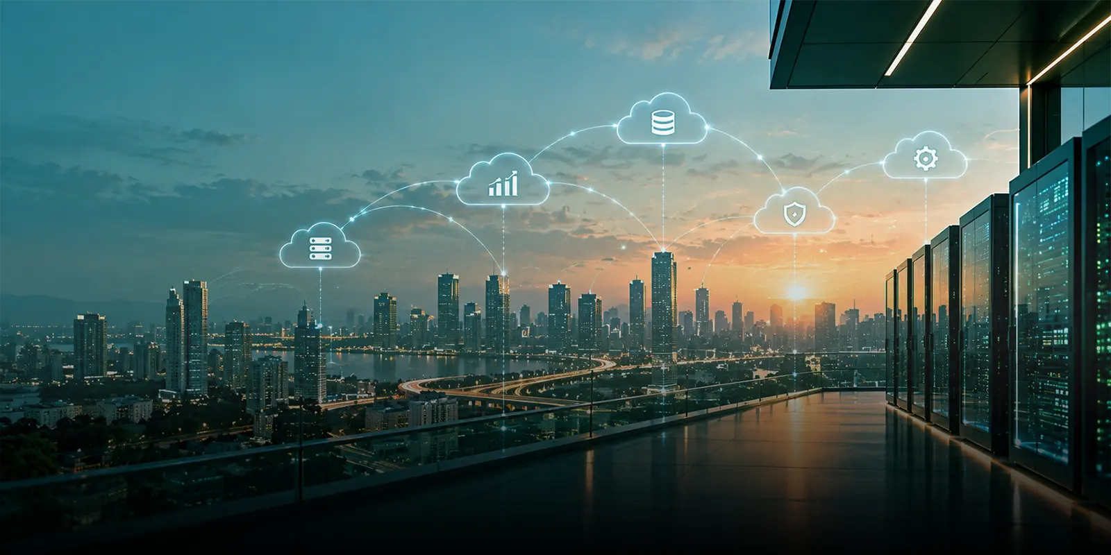 Skyline at dusk with cloud icons for storage, analytics, database, security and settings arcing toward a datacenter server hallway