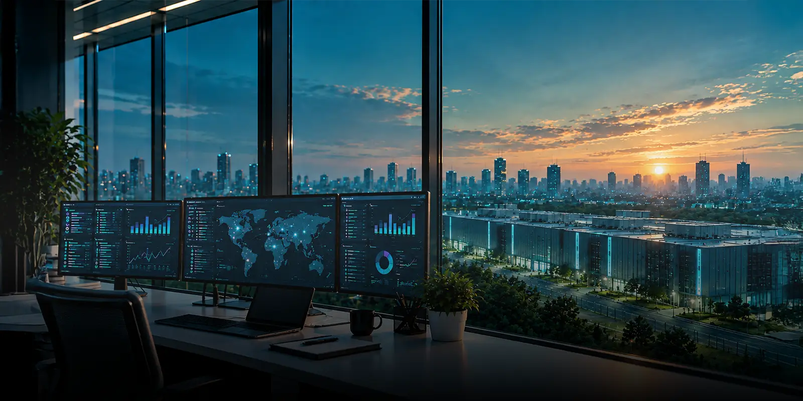 Analyst reviewing global infrastructure dashboards at a desk overlooking a datacenter campus at dusk