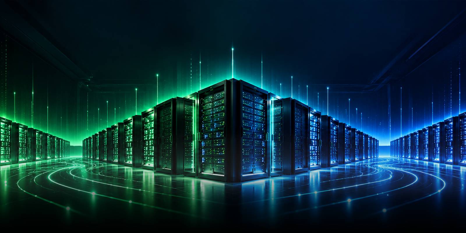 Rows of illuminated server racks in a datacenter hall, lit green on the left and blue on the right, with glowing light paths across the floor