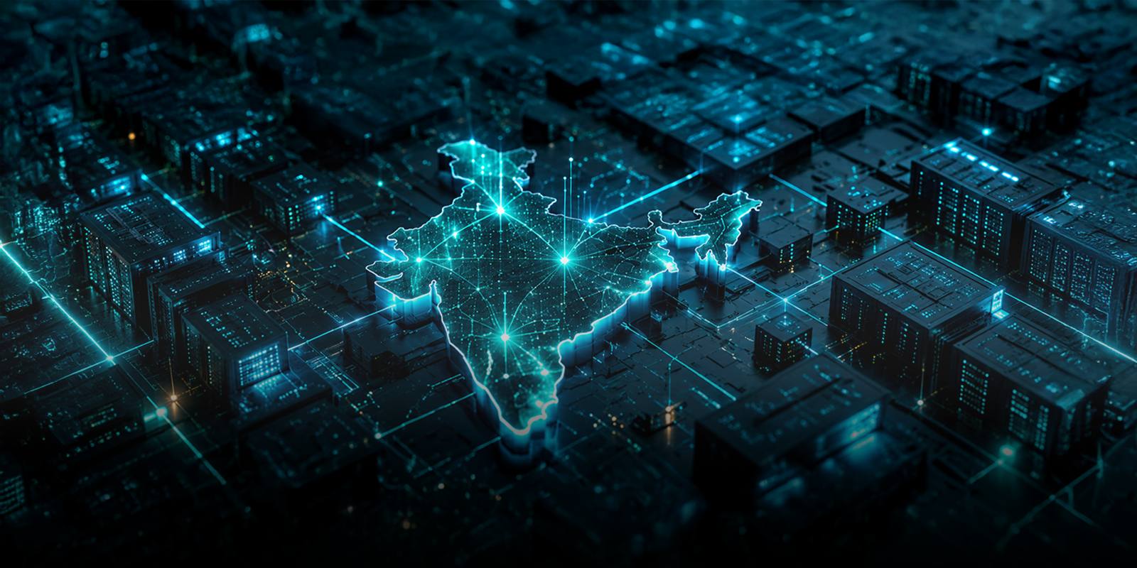 Glowing digital map of India overlaid on a circuit-board cityscape of datacenter buildings, representing the infrastructure layer behind India's AI agents