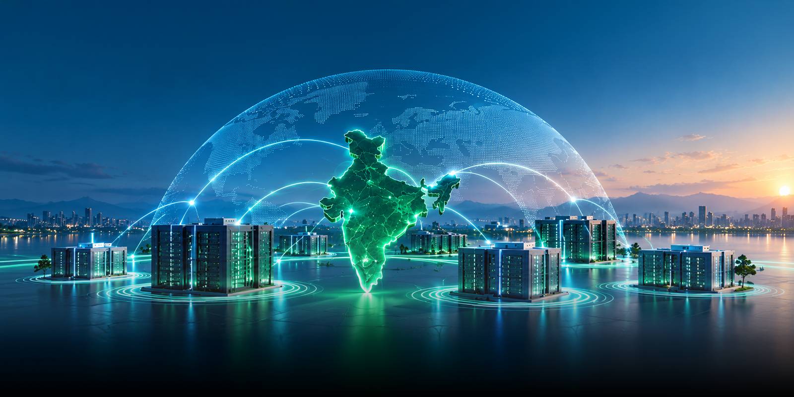 Glowing green map of India at the centre of a translucent globe dome, ringed by datacenter buildings linked by light arcs against a city skyline at dusk