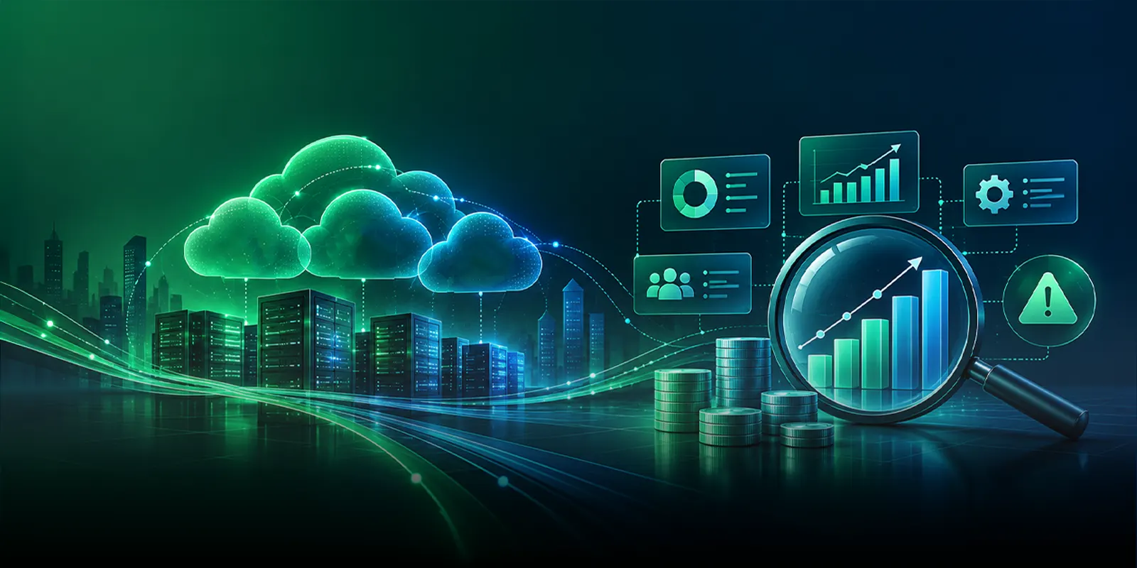 Illustration of glowing green and blue clouds above datacenter buildings on the left, and cost dashboards, a stack of coins and a magnifying glass over a rising bar chart on the right, representing cloud cost analysis