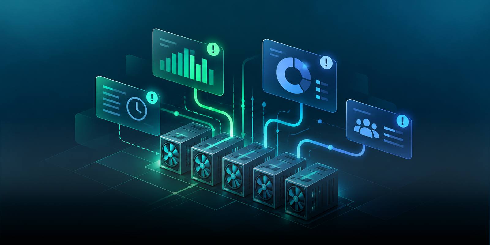 Isometric illustration of a row of five GPU servers connected to glowing dashboards showing a bar chart, a clock, a donut chart and a team icon, each flagged with an alert marker, representing GPU utilisation monitoring