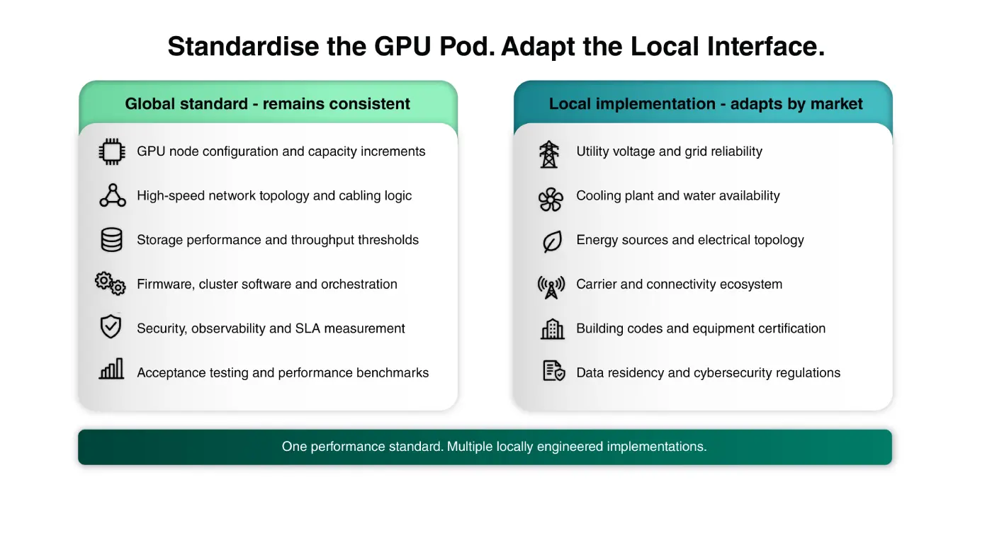 Two-column diagram contrasting the global GPU pod standard that stays consistent (node configuration, network topology, storage, firmware and orchestration, security and SLAs, acceptance testing) with local implementation that adapts by market (power and grid, cooling and water, energy sources, carriers, building codes, data regulations)