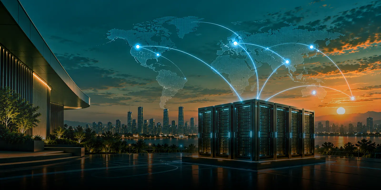Row of server racks beside a city waterfront at sunset with glowing network lines linking a world map, representing standardised GPU pods connecting global markets