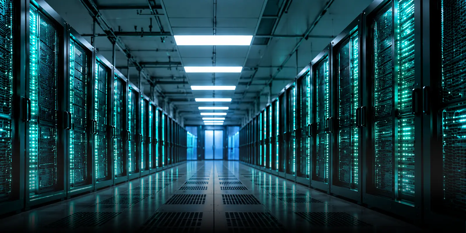 Datacenter hall with rows of illuminated server racks on the left and a steel cage enclosure on the right, with streams of blue and green light flowing between them