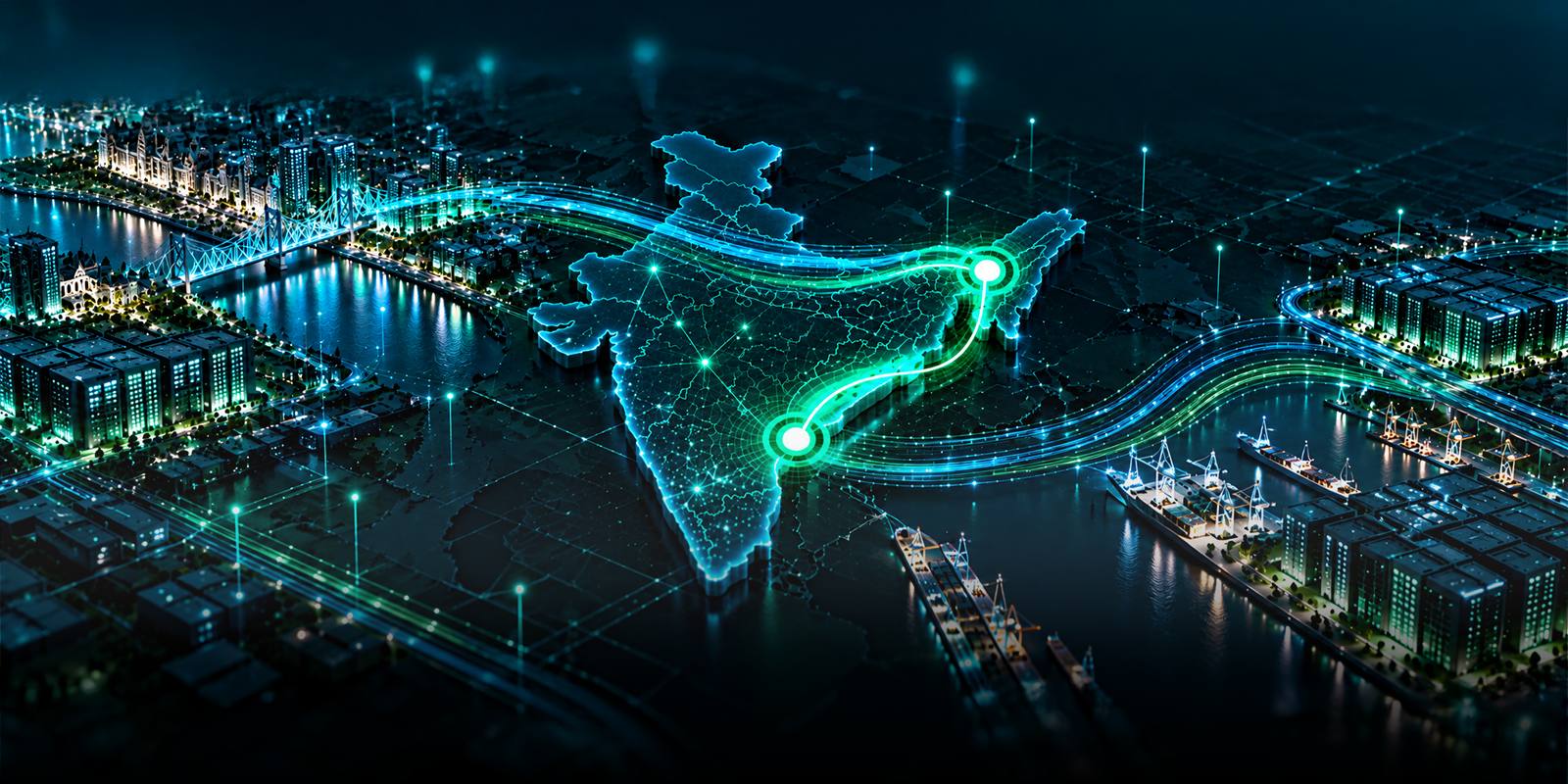 Illuminated night-time map of India with glowing lines linking Kolkata in the east to Visakhapatnam on the Bay of Bengal coast, surrounded by lit city blocks, bridges, ports and datacenter buildings