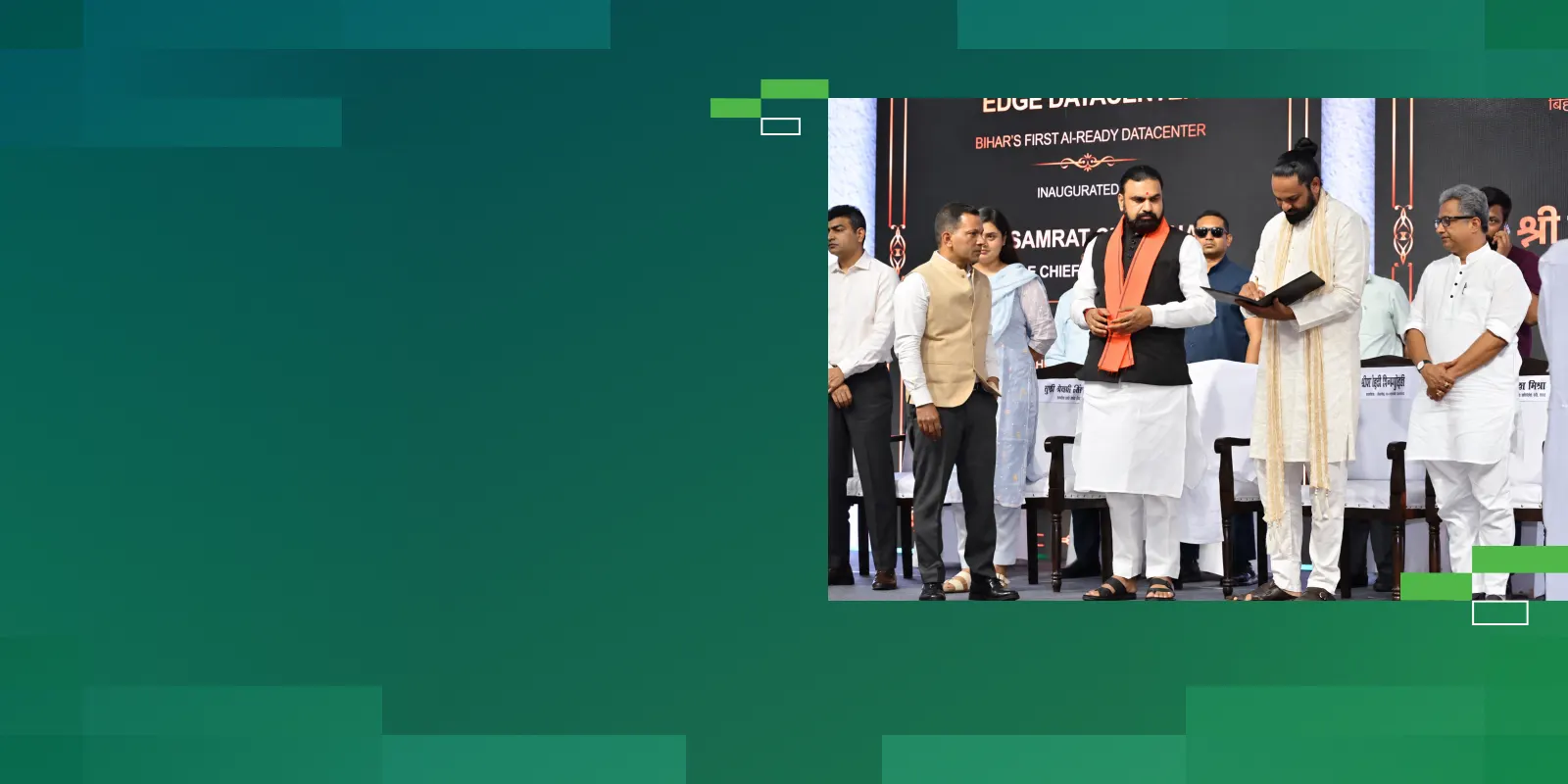 Officials on stage at the inauguration of the CtrlS Datacenters facility in Patna, in front of a backdrop reading "Bihar's First AI-Ready Datacenter