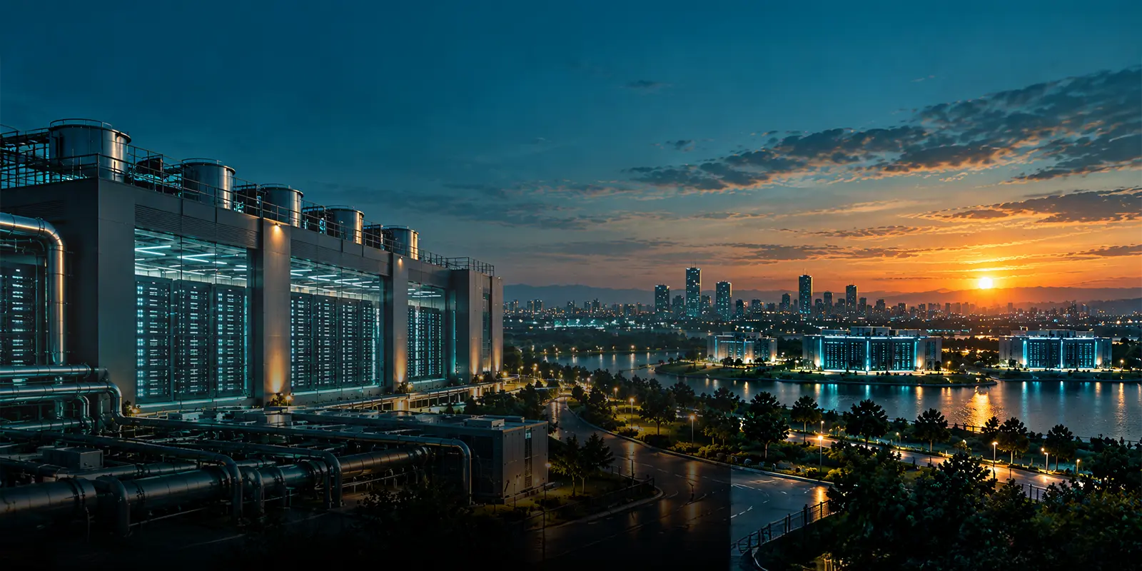 Large datacenter with cooling pipework beside a waterfront campus of datacenter buildings at sunset, representing AI datacenter locations for training and inference